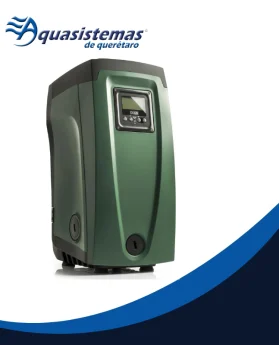 Variador verde con pantalla y botones, logo Aquasistemas de querétaro en la esquina superior izquierda, diseño moderno y acabado mate.