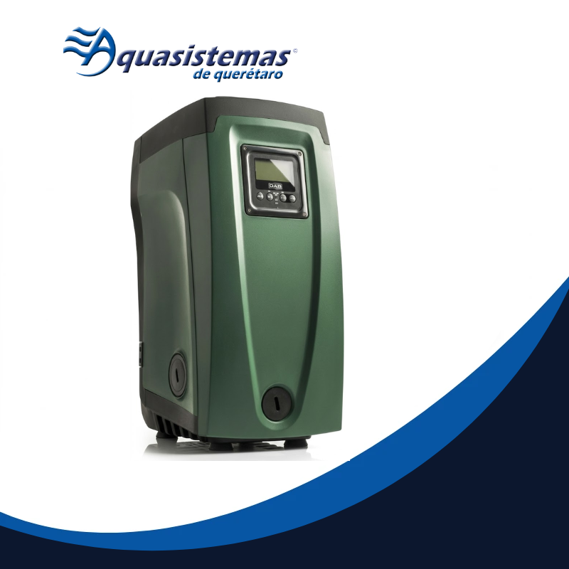 Variador verde con pantalla y botones, logo Aquasistemas de querétaro en la esquina superior izquierda, diseño moderno y acabado mate.