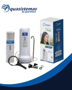 Equipo de filtración para piscinas, tanque blanco con accesorios, caja azul con marca Aquaex, elemento de instalación hidráulica, logotipo de Aquasistemas de Querétaro