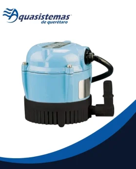 Bomba sumergible azul de plástico para albercas, con base negra y conexión lateral, fabricada para sistemas de piscinas; imagen asociada a Aquasistemas de Querétaro