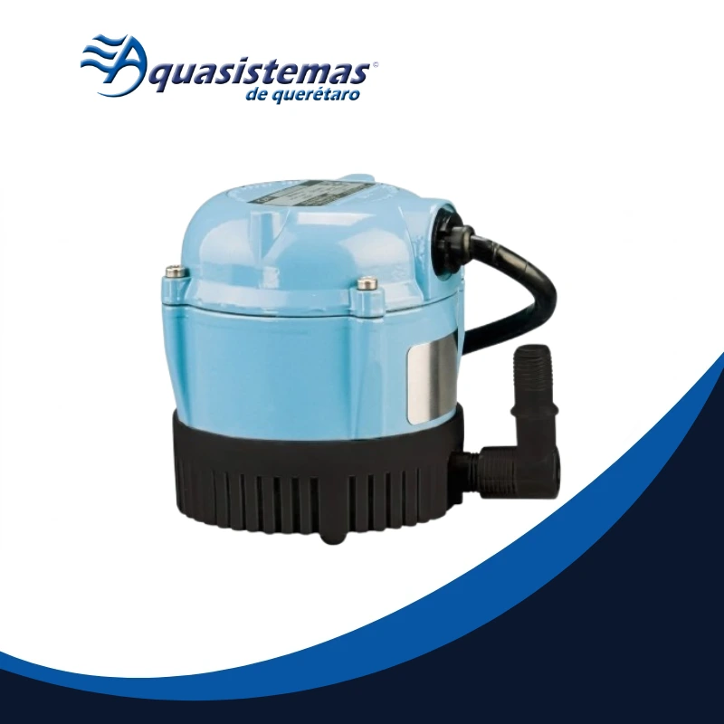 Bomba sumergible azul de plástico para albercas, con base negra y conexión lateral, fabricada para sistemas de piscinas; imagen asociada a Aquasistemas de Querétaro