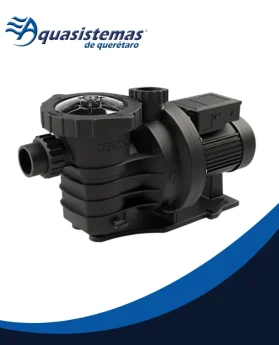 Bomba AERIS-II negra de Aquasistemas de Querétaro, material plástico, motor compacto y tapas de acceso, adecuada para sistemas de bombeo de albercas y filtración hidráulica.