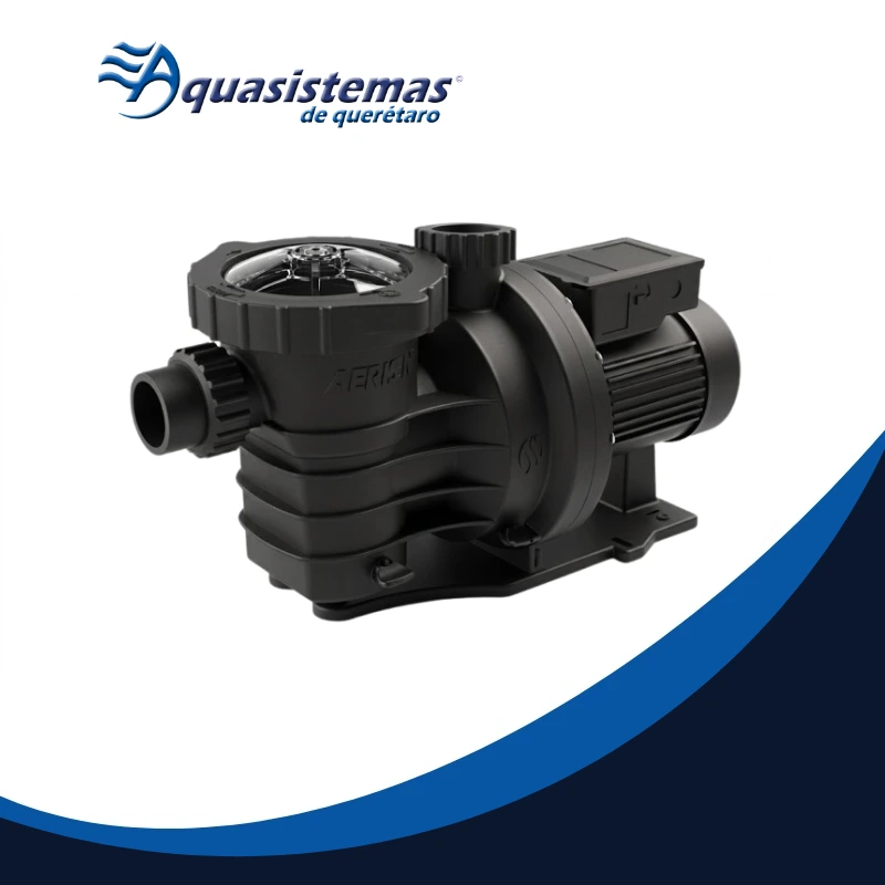 Bomba AERIS-II negra de Aquasistemas de Querétaro, material plástico, motor compacto y tapas de acceso, adecuada para sistemas de bombeo de albercas y filtración hidráulica.