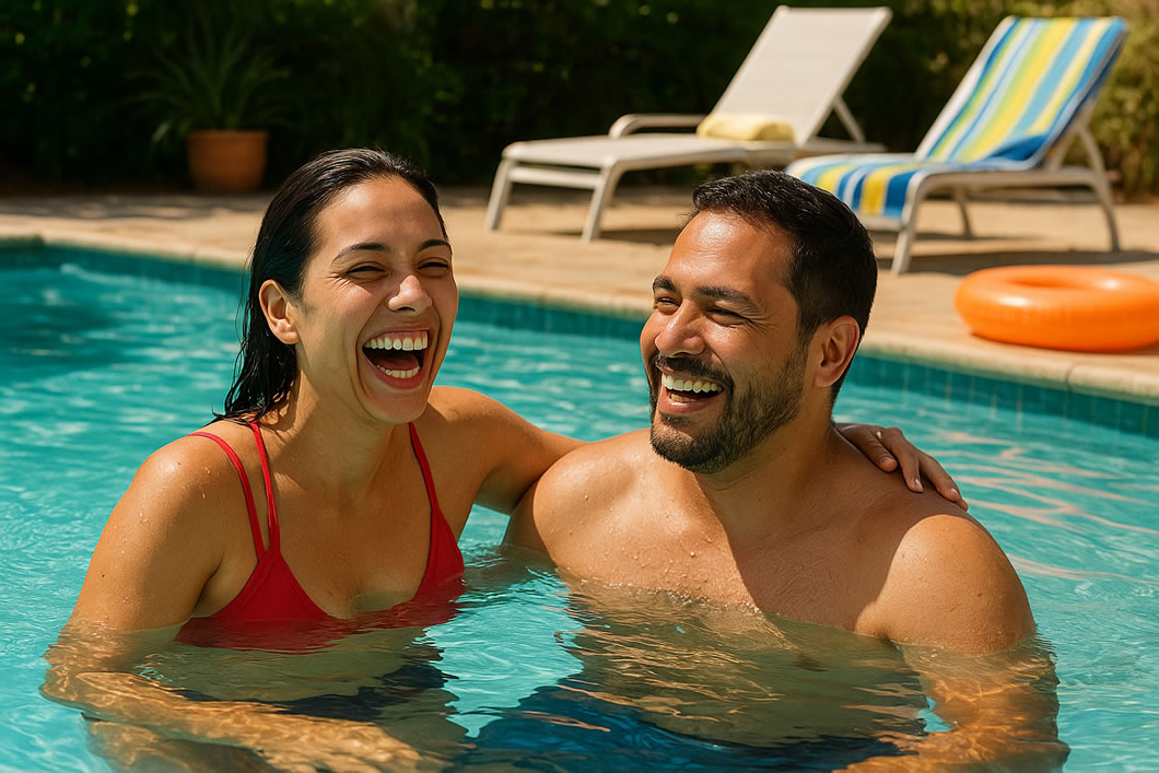 Pareja sonriente en una piscina, disfrutando del tiempo juntos en un ambiente acuático.