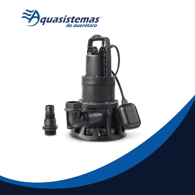 Bomba sumergible negra de plástico, modelo FEKA BVP750MA, con cable y accesorio, utilizada para piscinas; logo de Aquasistemas de Querétaro aparece en la esquina.