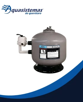 Filtro de arena para alberca modelo Atlantic de fibra de vidrio cilíndrico y gris, con válvula multipasos lateral de 3” y conexiones laterales.