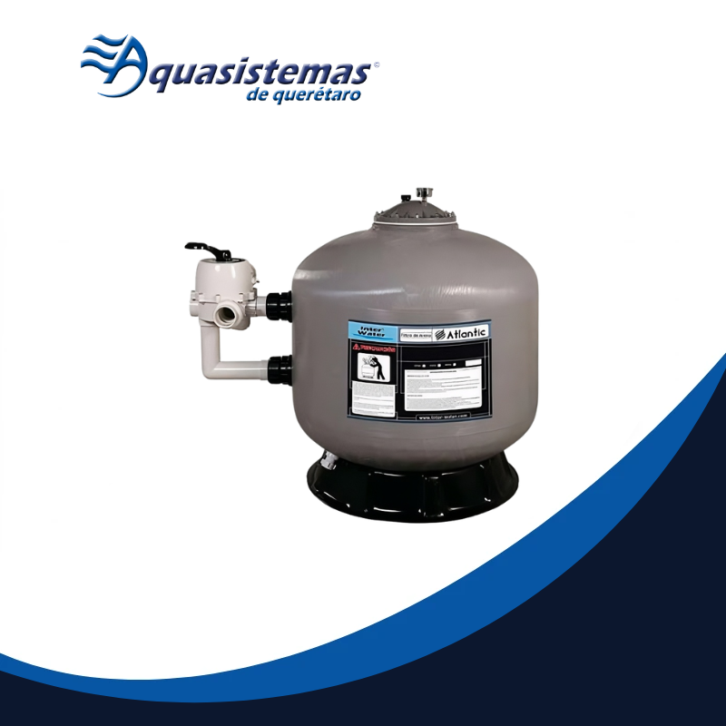 Filtro de arena para alberca modelo Atlantic de fibra de vidrio cilíndrico y gris, con válvula multipasos lateral de 3” y conexiones laterales.