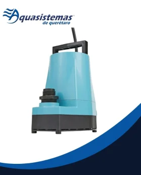 Bomba sumergible azul de Aquasistemas de Querétaro, con carcasa azul y base negra, mango superior y conexión de rosca; logo de Aquasistemas de Querétaro en la esquina superior izquierda.