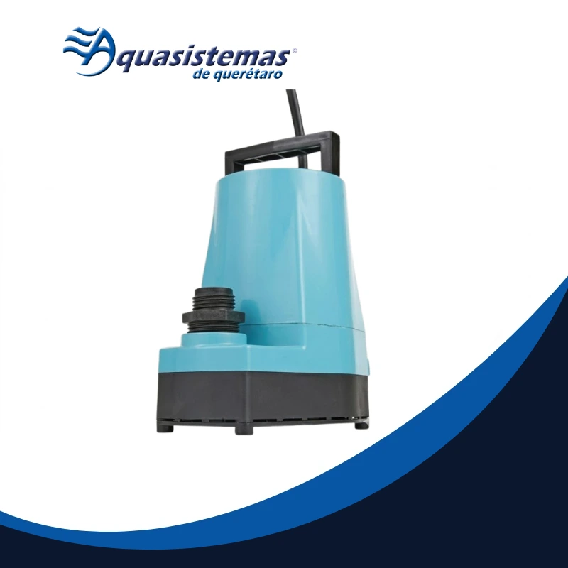 Bomba sumergible azul de Aquasistemas de Querétaro, con carcasa azul y base negra, mango superior y conexión de rosca; logo de Aquasistemas de Querétaro en la esquina superior izquierda.