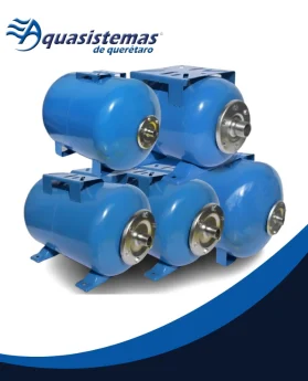 Tanque presurizado AQUEX azul, cilindro de metal con rosca frontal y estructura modular, conjunto azul oscuro con acabado brillante.