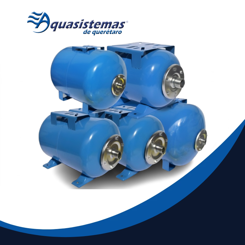 Tanque presurizado AQUEX azul, cilindro de metal con rosca frontal y estructura modular, conjunto azul oscuro con acabado brillante.