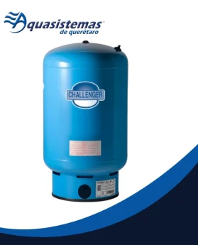 Tanque presurizado Challenger azul, cilindro vertical con tapas en la parte superior y etiquetas técnicas visibles, logotipo de la marca y detalles de especificaciones.