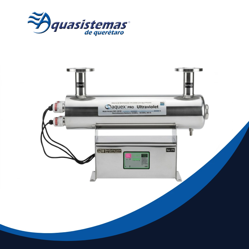 AQUEX-PRO Ultraviolet en acero inoxidable cilíndrico con panel de control, equipado para tratamiento de agua en proyectos de albercas y sistemas hidráulicos.