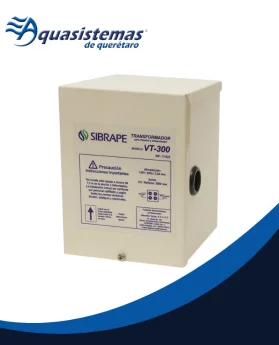 Transformador SIBRAPE VT-300 de caja beige rectangular con etiqueta técnica, logotipo Aquasistemas de Querétaro y detalles de instrucciones visibles.