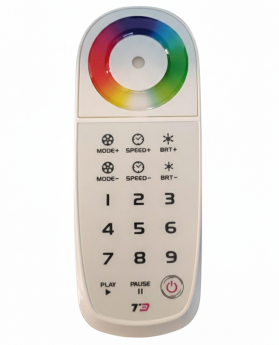 Control remoto con botones numéricos y un anillo de colores en la parte superior para ajustar configuraciones.