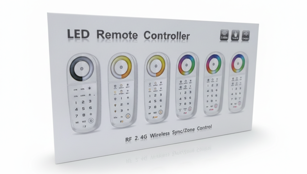 Control remoto LED con botones para sincronización y control de zonas, diseño moderno y funcional.