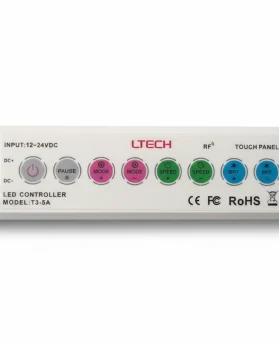 Controlador LED modelo T3-5A de LTECH con panel táctil y botones de control en la parte frontal.