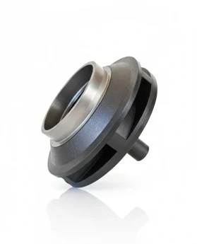 Componente mecánico de forma circular con un acabado negro y detalles metálicos en el borde, utilizado en sistemas hidráulicos.