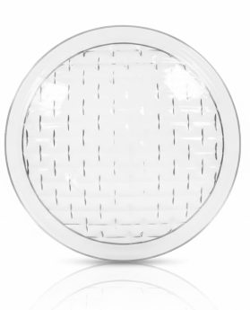 Lente de vidrio circular transparente con diseño de rejilla en su superficie, utilizado en aplicaciones diversas.