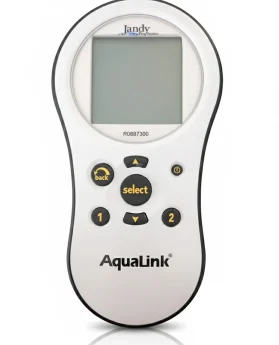 Control remoto AquaLink de Jandy con pantalla LCD y botones de navegación para el manejo de sistemas de albercas.