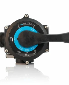 Válvula de control de flujo Carvin con manija de operación y diseño técnico en color negro y azul.