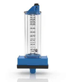 Medidor de flujo de líquido con tubo transparente y escala graduada en litros por minuto.