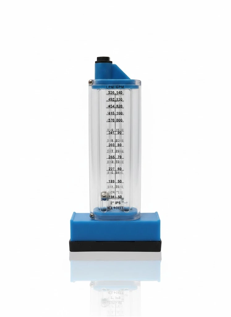 Medidor de flujo de líquido con escala en mililitros por minuto, montado sobre base azul.