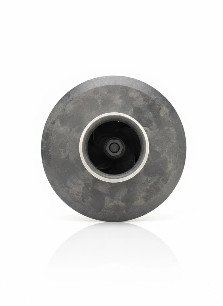 Rueda de material negro con un diseño circular y un orificio central, vista desde arriba.