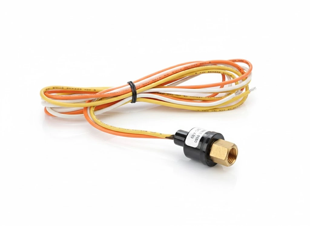 Sensor de presión con cables de conexión en colores naranja y blanco, utilizado en sistemas hidráulicos.