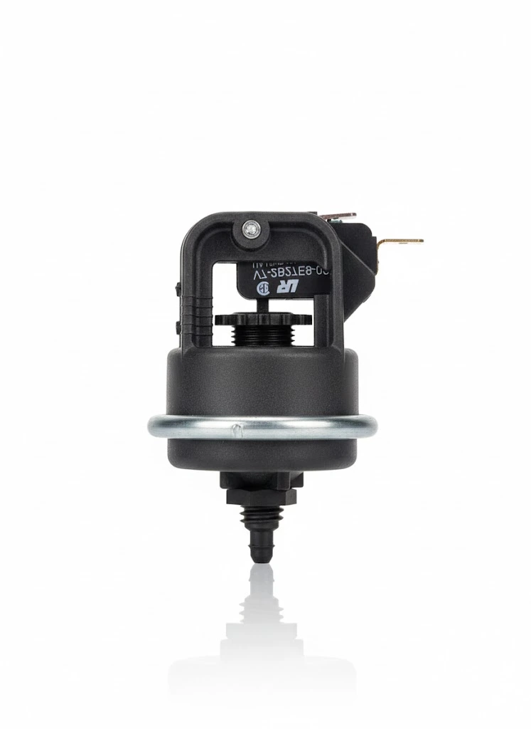 Válvula de presión de aire con diseño compacto y conexión de rosca, utilizada en sistemas hidráulicos.