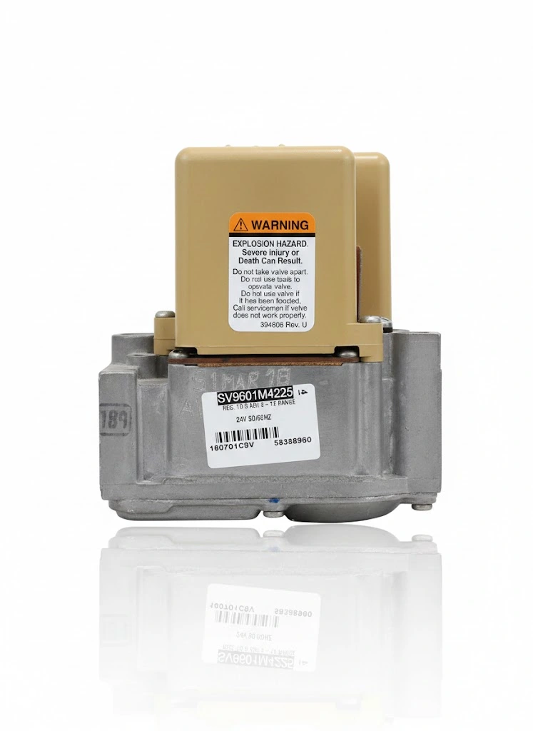 Válvula de control de gas con etiqueta de advertencia sobre peligro de explosión y número de modelo SV9601M4225.