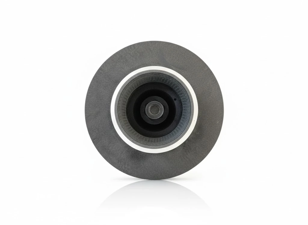 Componente hidráulico circular con un diseño negro y detalles en blanco, utilizado en sistemas de agua.