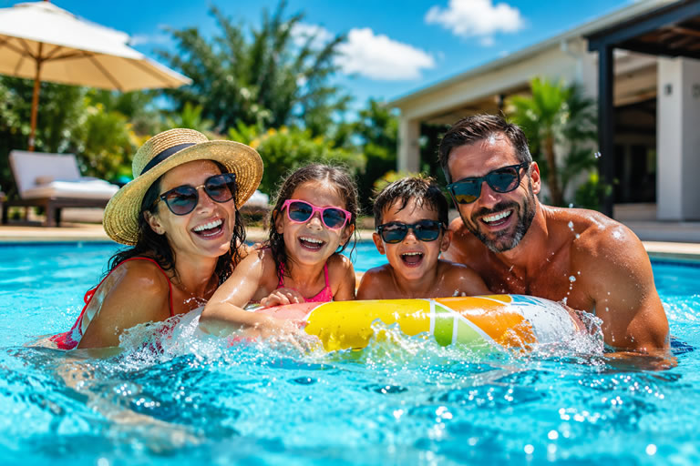 Una familia sonríe y juega en una alberca con flotador, bajo el sol, en un ambiente de verano y descanso.