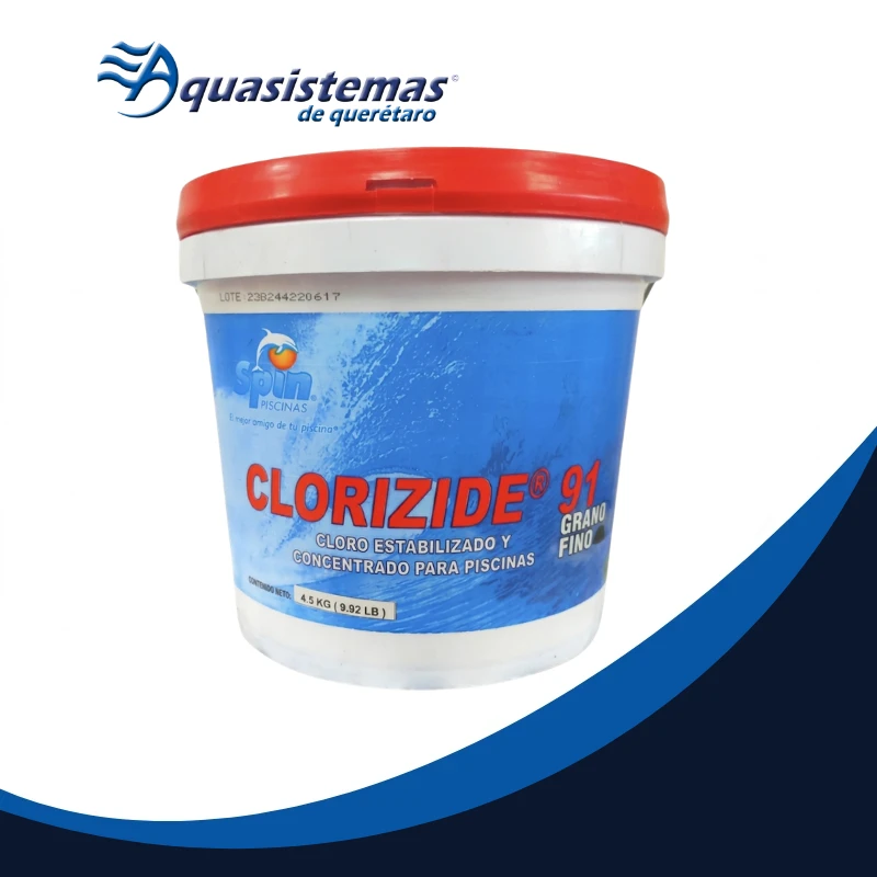 Presentación de Clorizide 91 grano fino, cloro concentrado para desinfección de albercas.