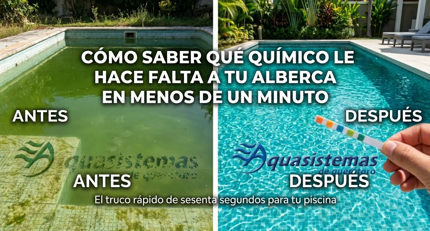 Comparativa de alberca sucia con agua verde frente a piscina limpia con agua cristalina tras el uso de químicos de mantenimiento de Aquasistemas de Querétaro.