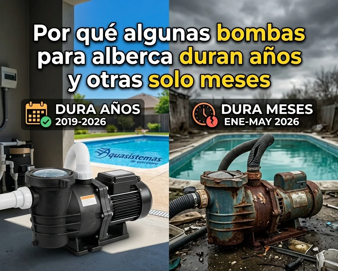 Comparativa visual: una bomba de alberca nueva y bien cuidada frente a una bomba oxidada y dañada por falta de mantenimiento.