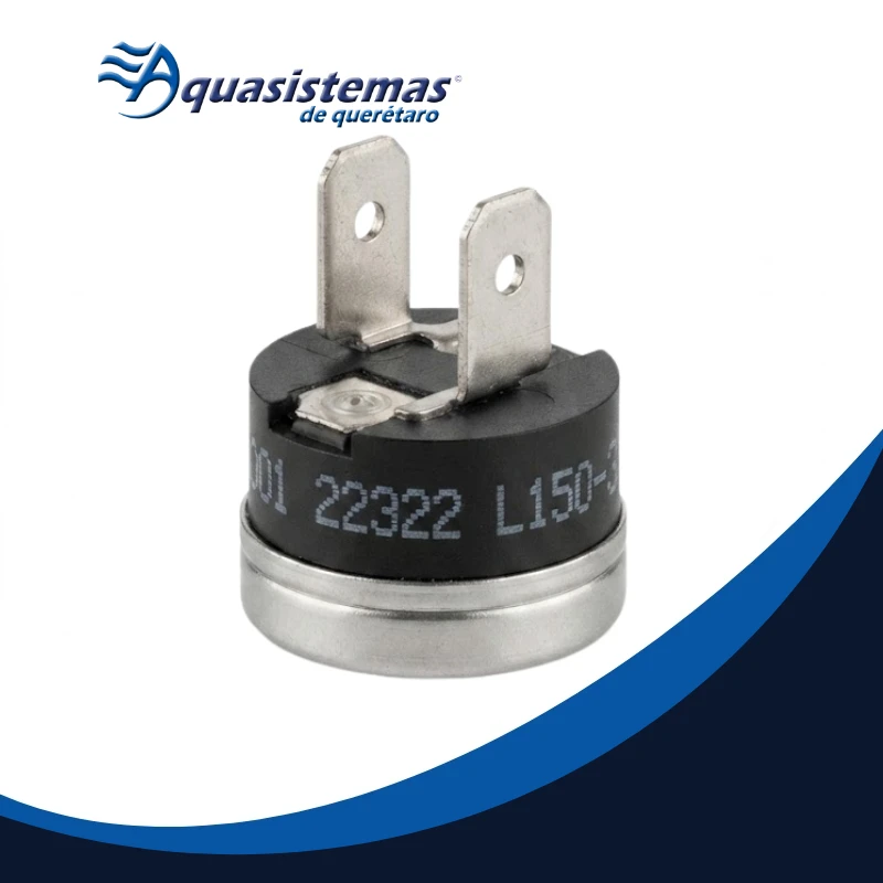 Un interruptor de límite alto bimetálico con dos terminales metálicos y base compacta, marcado con Aquasistemas de Querétaro.