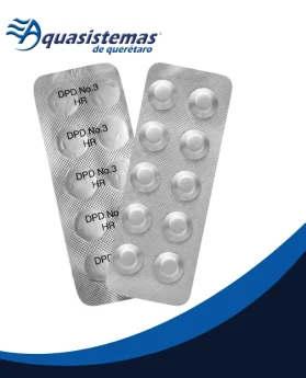 Tira con 10 pastillas de reactivo DPD 3 para pruebas de cloro combinado en agua.