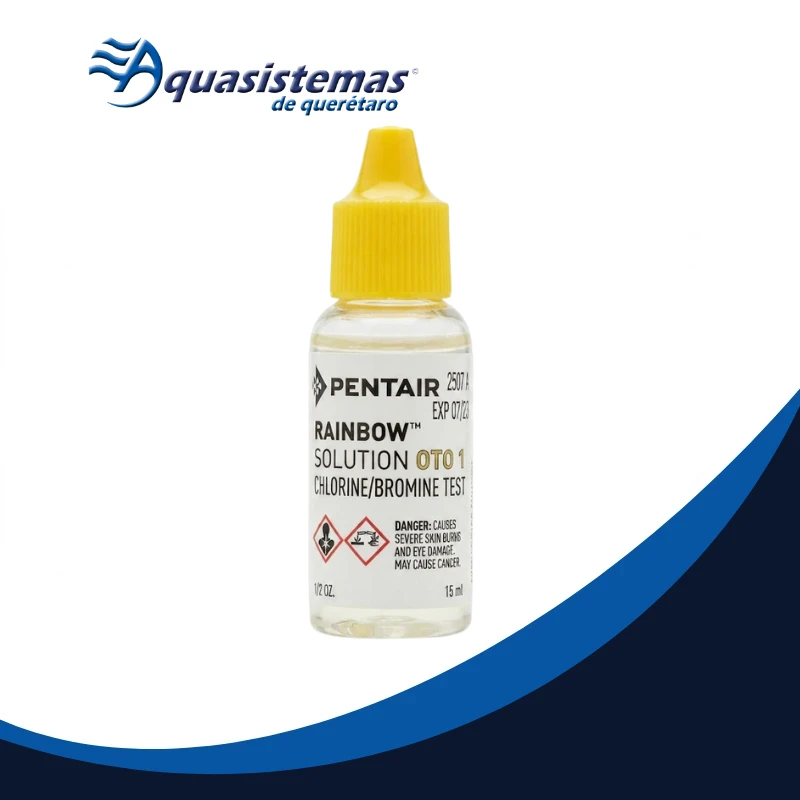 Gotero de 15 ml de reactivo OTO para análisis de cloro total en agua.