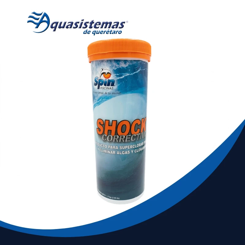 Envase de tratamiento Shock Correctivo Spin para recuperación rápida de agua en albercas.