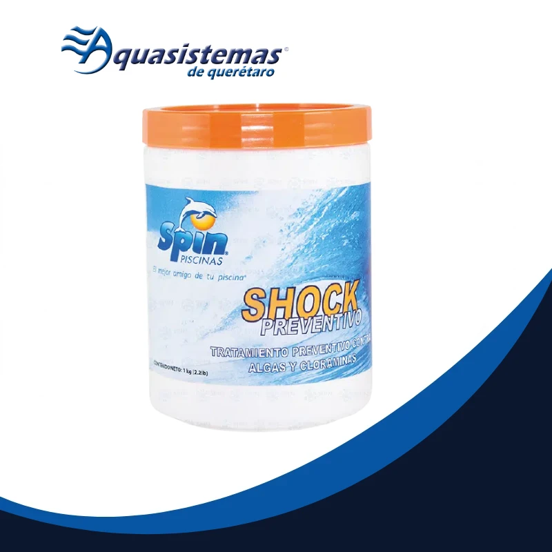 Envase de tratamiento Shock Preventivo Spin para mantenimiento regular de la calidad del agua en albercas.