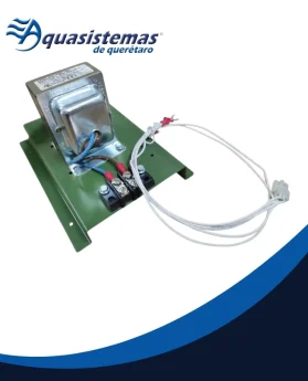 Transformador reductor de 120V a 24V 50VA montado sobre base con terminales de tornillo.