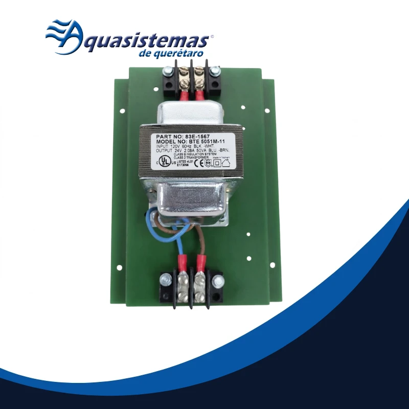 Transformador reductor de 120V a 24V 50VA montado sobre base con terminales de tornillo.