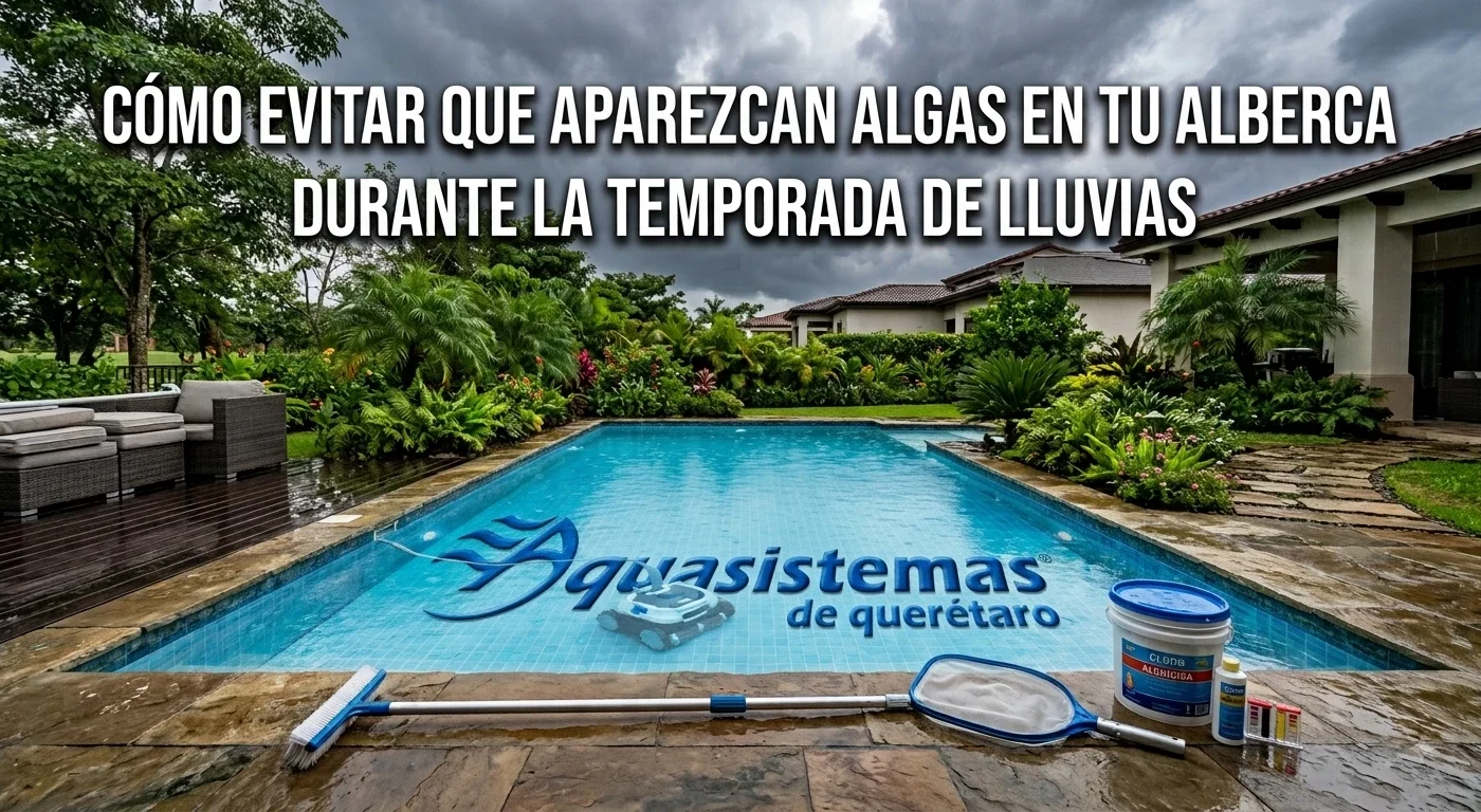 Alberca cristalina en un día lluvioso con herramientas de mantenimiento, químicos y el logo de Aquasistemas de Querétaro grabado en el fondo.