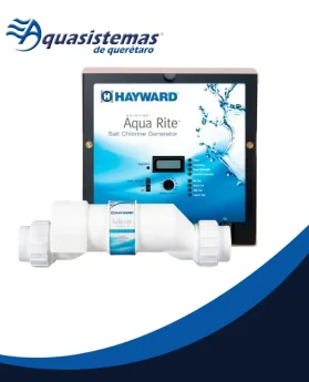 Sistema de desinfección salina con panel Hayward Aqua Rite y célula TurboCell para albercas residenciales pequeñas.
