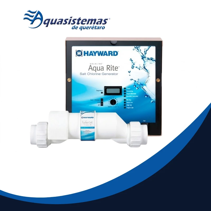 Sistema de desinfección salina con panel Hayward Aqua Rite y célula TurboCell para albercas residenciales pequeñas.