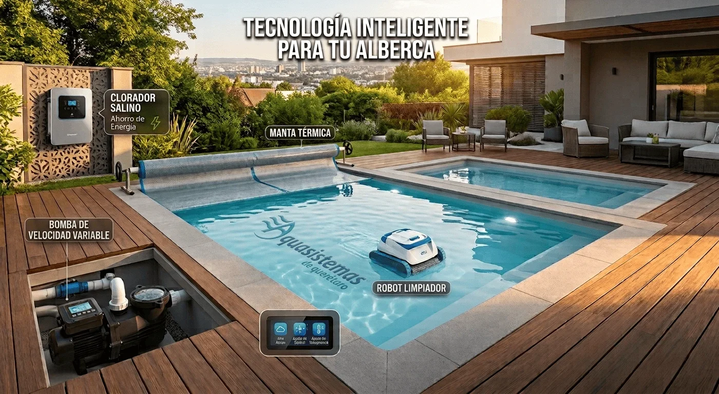 Alberca moderna equipada con bomba de velocidad variable, robot limpiador, clorador salino, manta térmica y el logotipo de Aquasistemas de Querétaro grabado en el fondo.