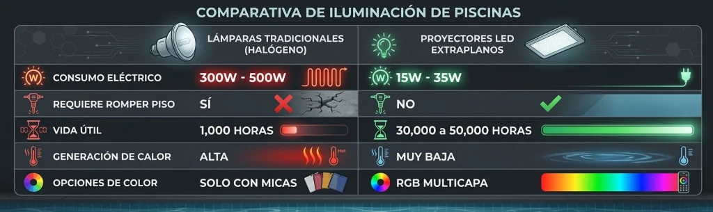Infografía comparativa de iluminación para piscinas entre lámparas tradicionales de halógeno y proyectores LED extraplanos.