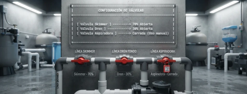 Esquema de configuración de válvulas de succión para alberca mostrando la línea de skimmer al 70% abierta, dren de fondo al 30% abierta y toma de aspiradora cerrada.