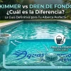 Diagrama explicativo sobre la diferencia entre el skimmer de superficie y el dren de fondo en el sistema de filtración de una alberca